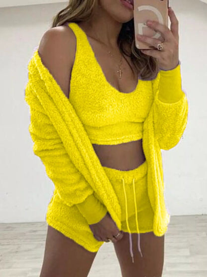 Full Size Fuzzy Tank, Cardigan and Shorts Set Plus Size