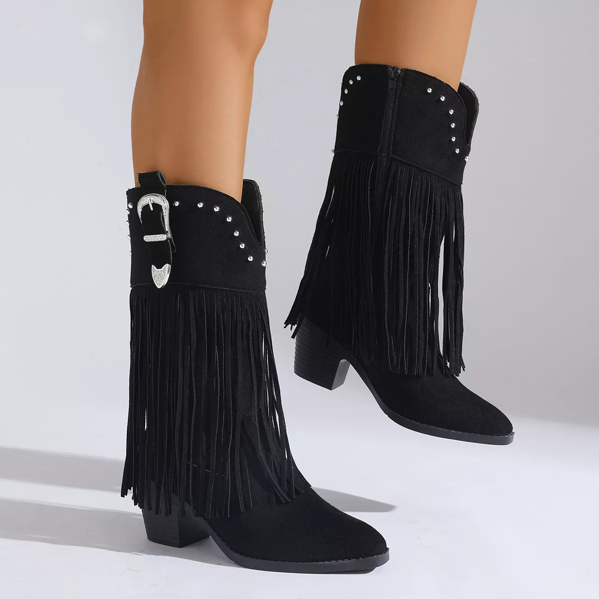Fringe Round Toe Block Heels Boots