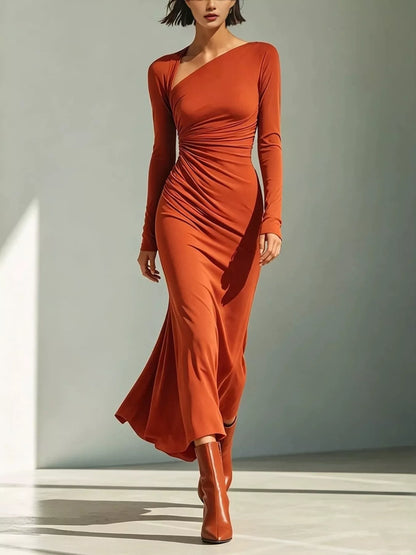 Asymmetrical Neck Ruched Dress