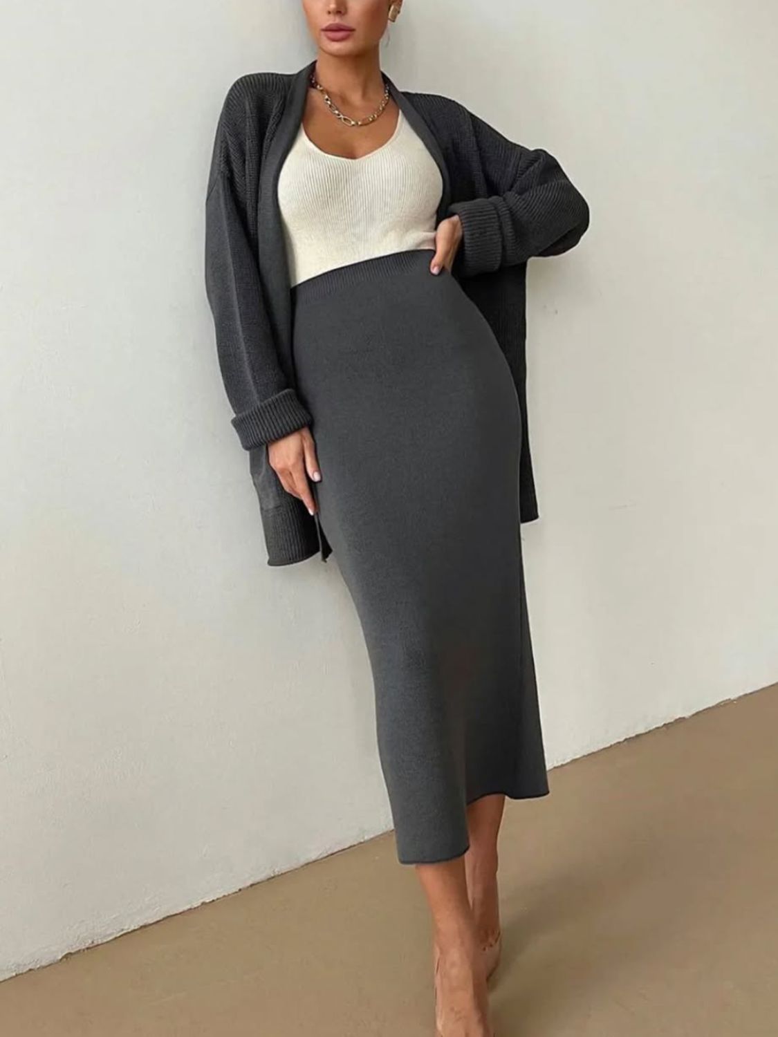 Pocketed Cardigan Skirt Set