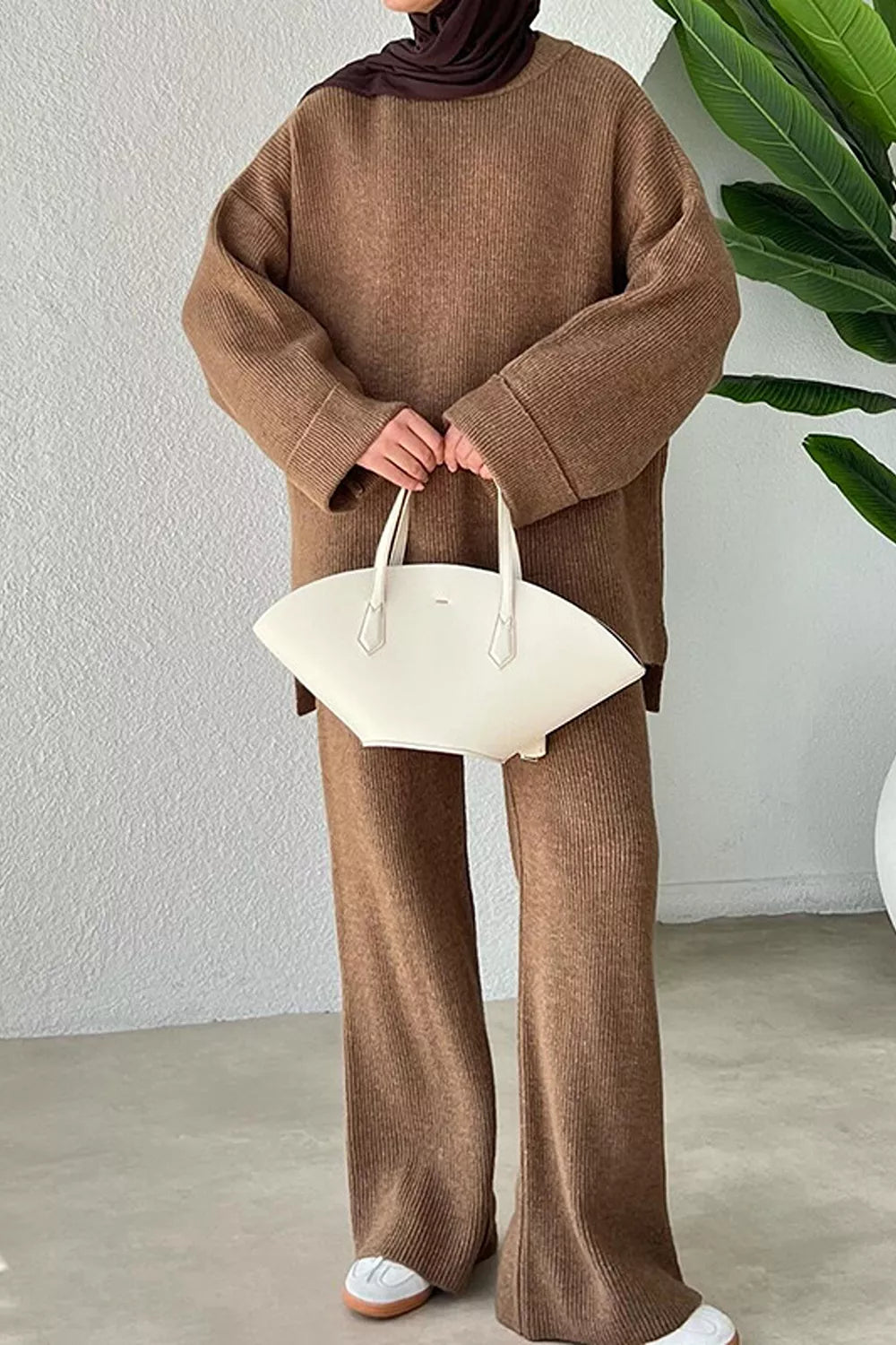 Dropped Shoulder Knit Sweater and Wide Leg Pants Set