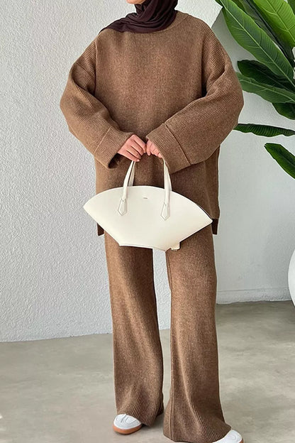 Dropped Shoulder Knit Sweater and Wide Leg Pants Set