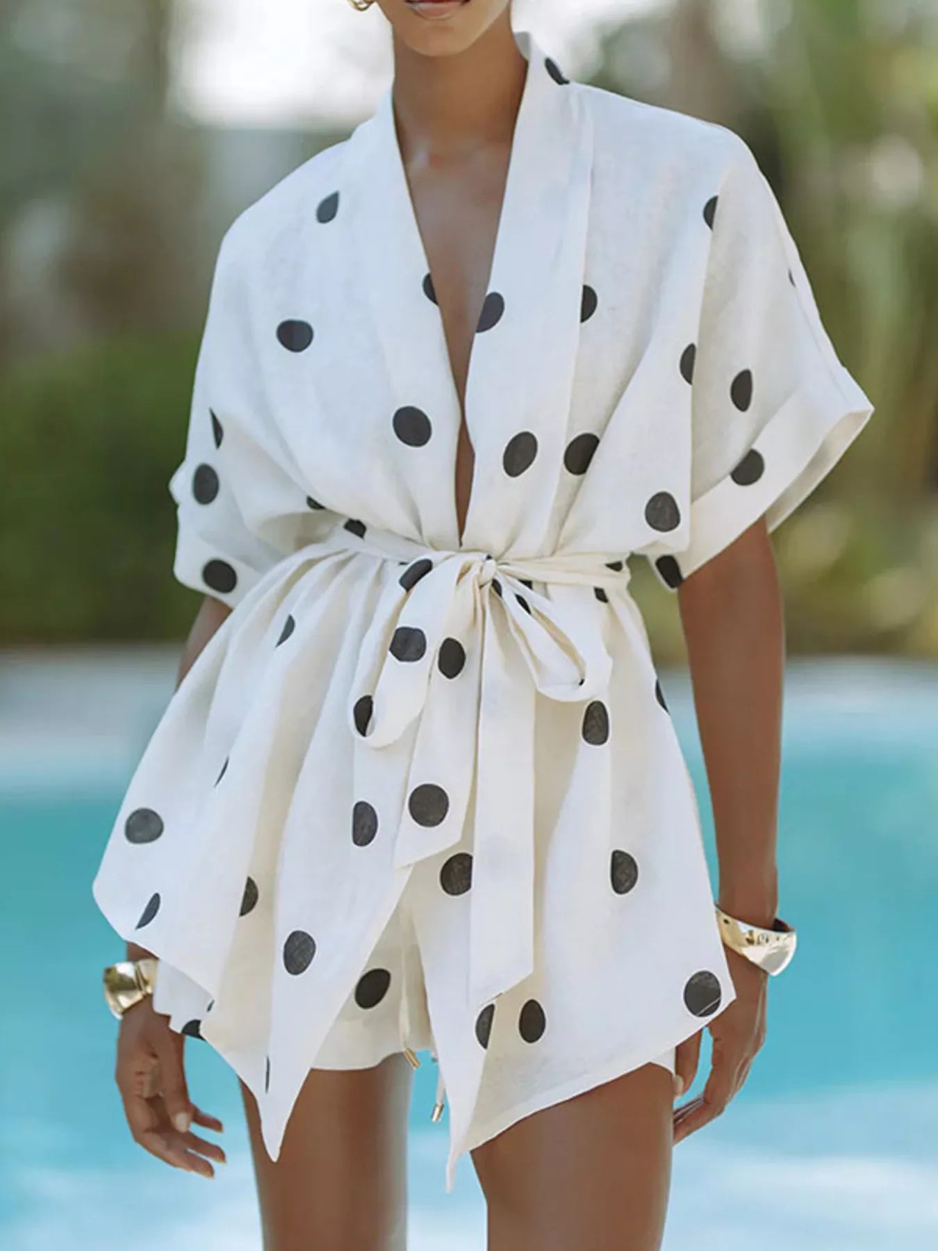 Polka Dot Tie Waist Top and Shorts Set