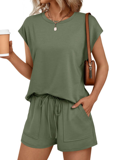 Round Neck Cap Sleeve Top and Shorts Set