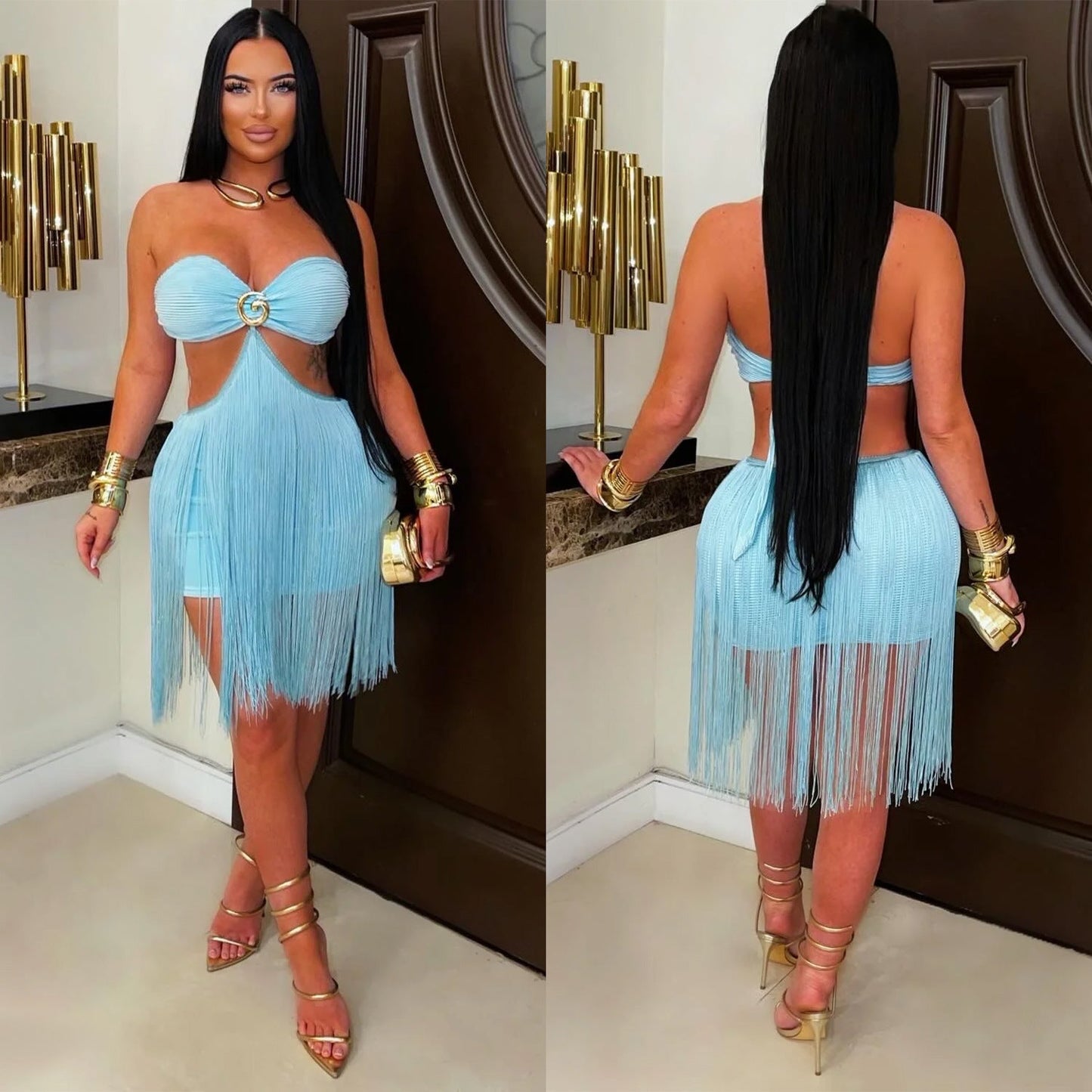 Strapless fringe skirt dress