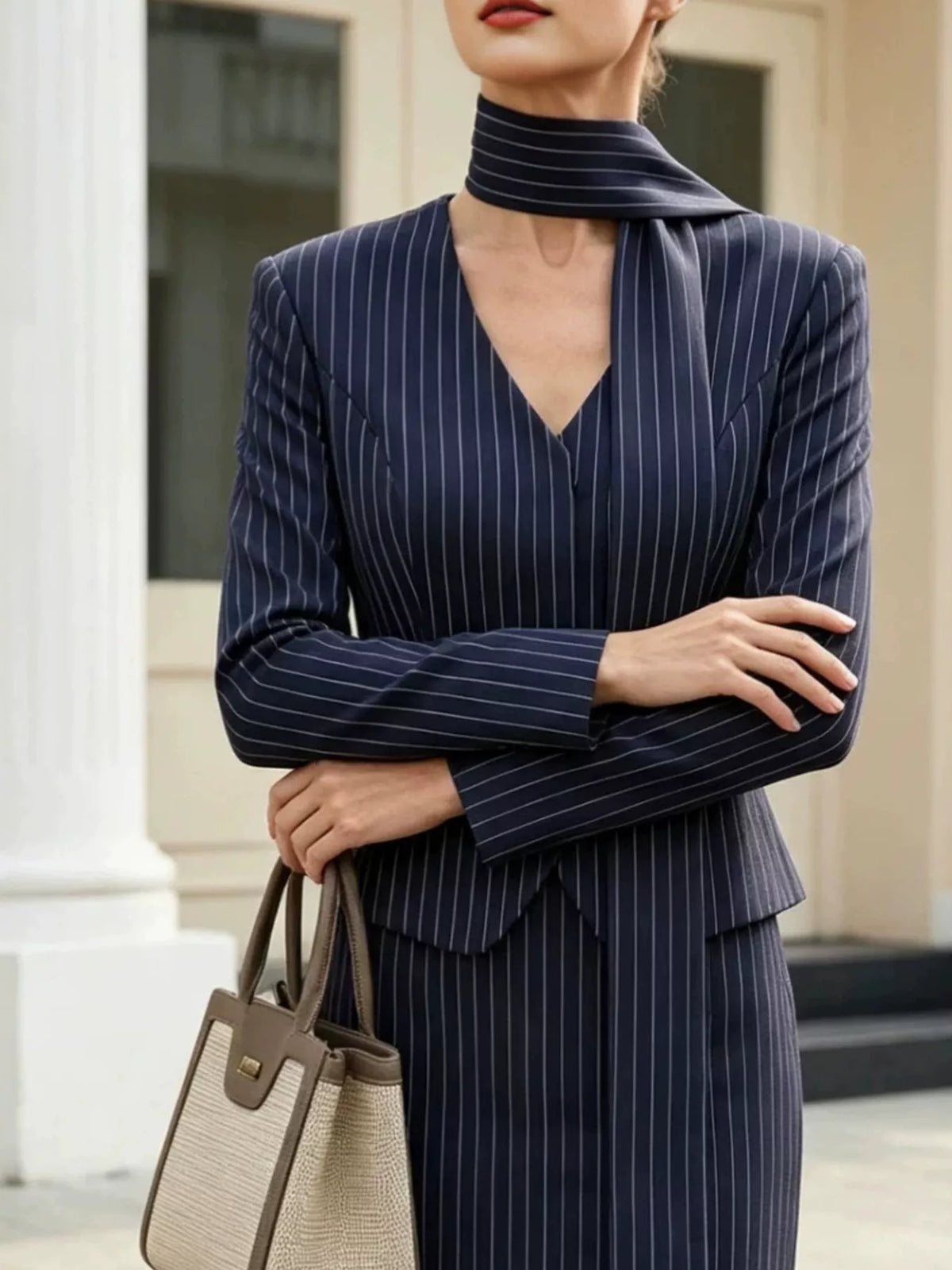 Blazer and Mini Skirt Set with Scarf detail