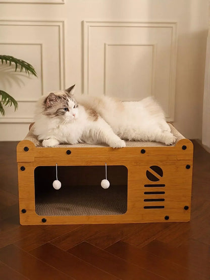 Wooden Cat House with Scratching Pad