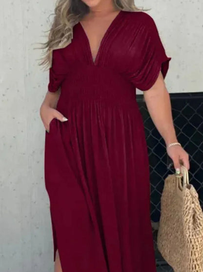 Full Size Deep V-Neck Maxi Dress with Side Slit