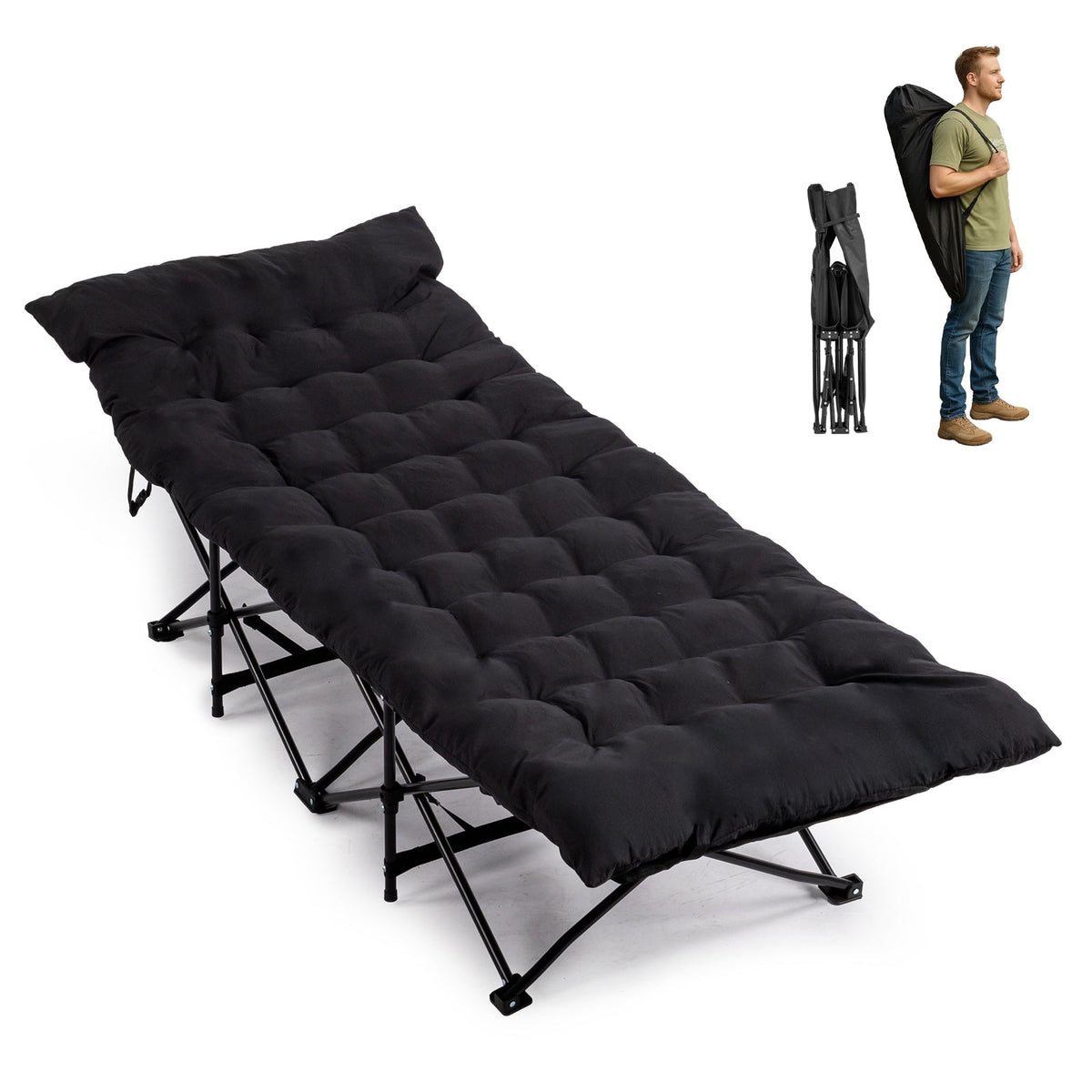 Folding cot with curved headrest, holds up to 330 lb