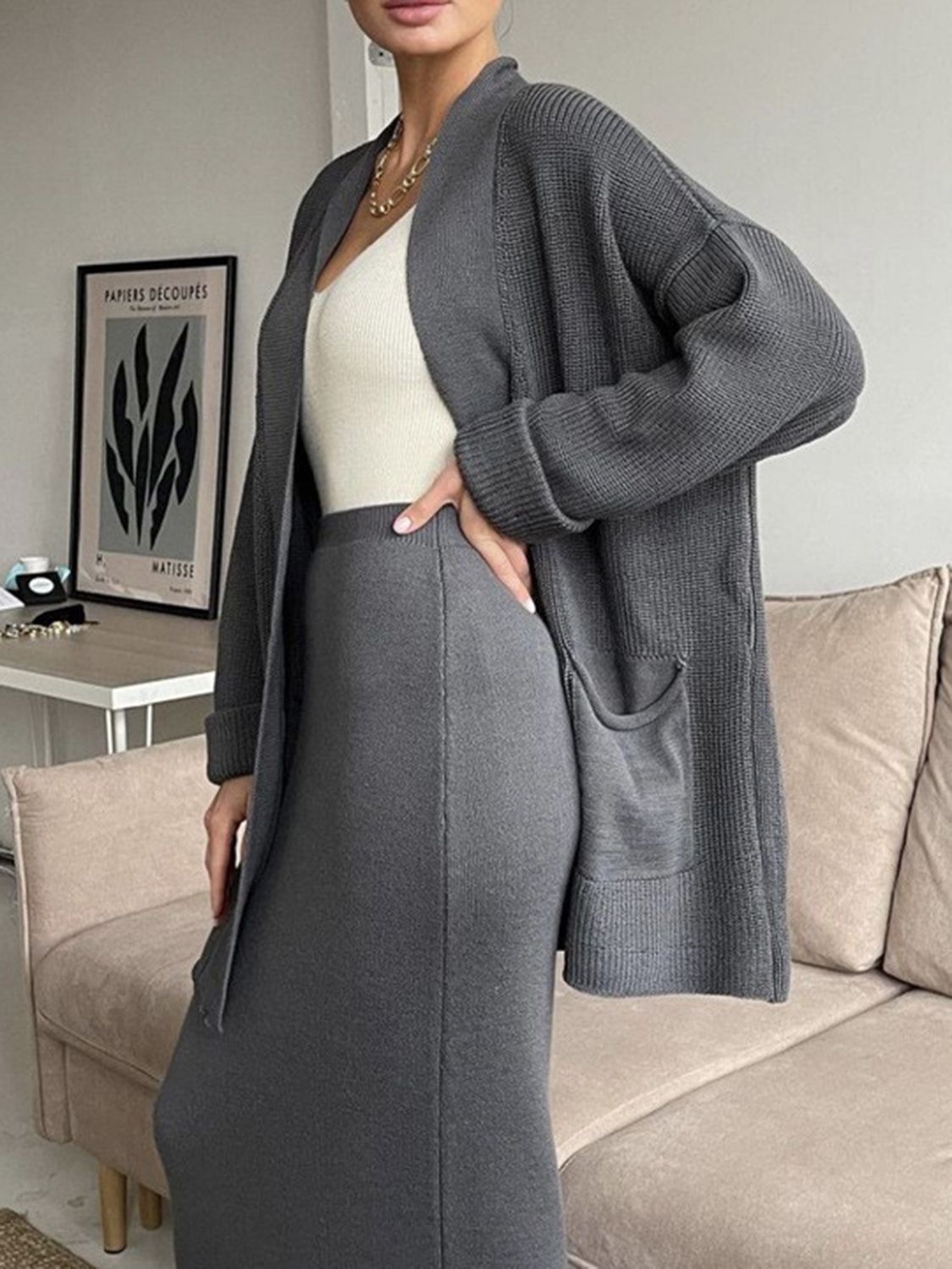Pocketed Cardigan Skirt Set