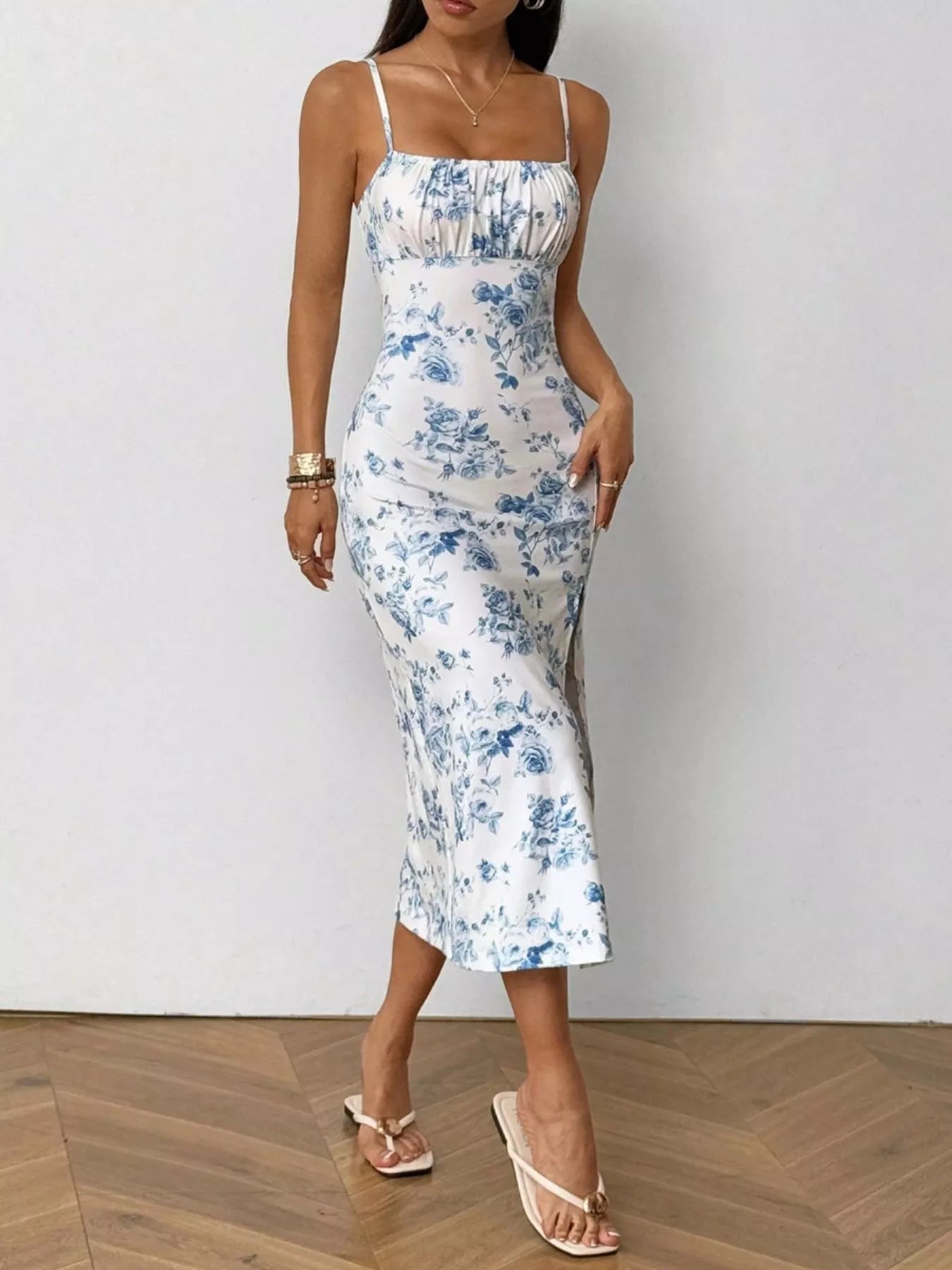 Floral Print Ruched Slit Cami Dress