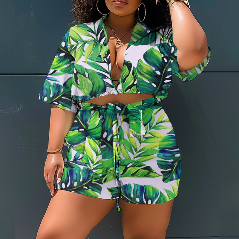 Two Piece Printed plus Size Shorts Set