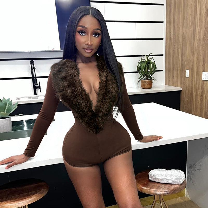 Fur-lined figure-hugging bodysuit shorts