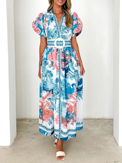 Printed Puff Sleeve Midi Dress