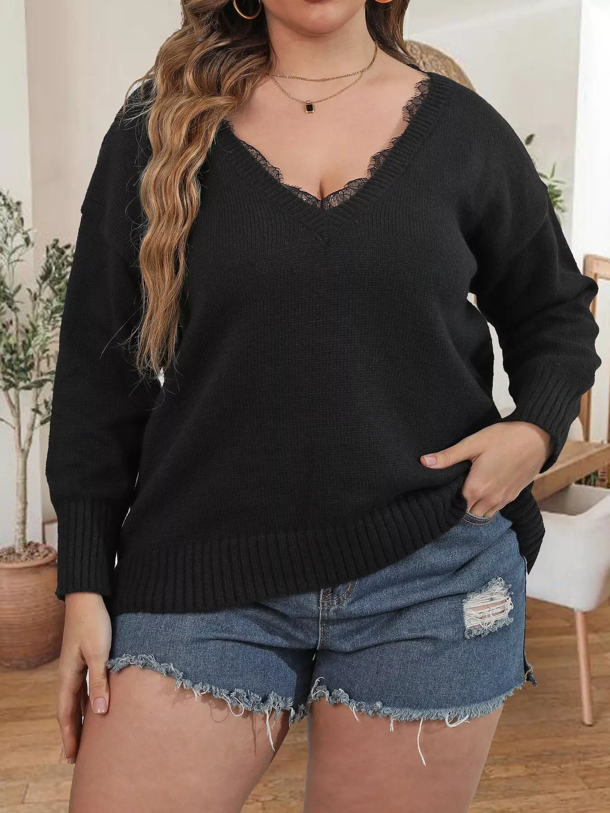 Plus Size Lace Trim V-Neck Sweater