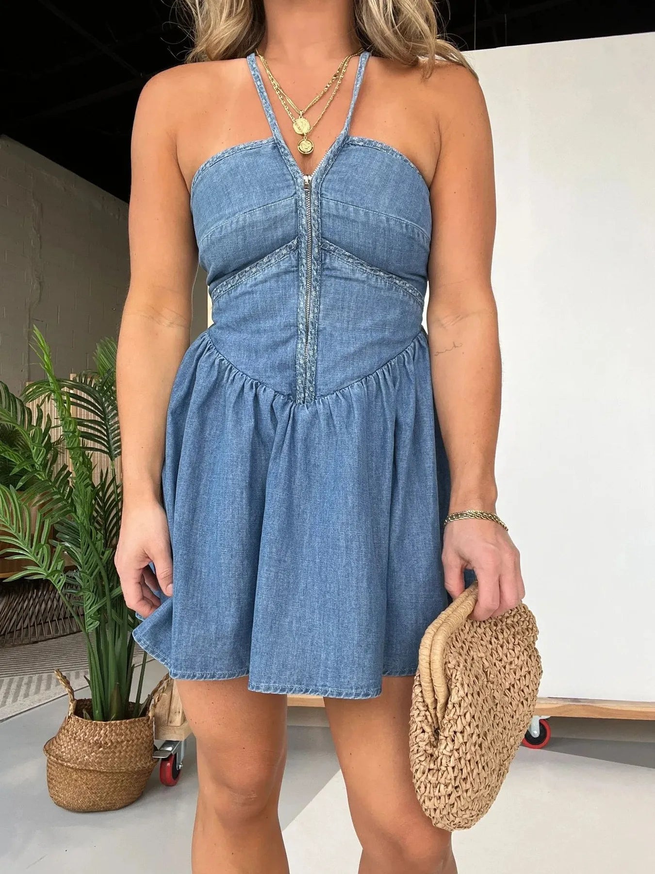 Full Size Lace Up Denim Dress