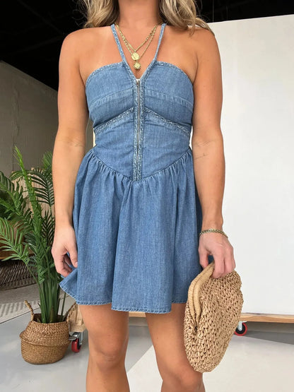 Full Size Lace Up Denim Dress