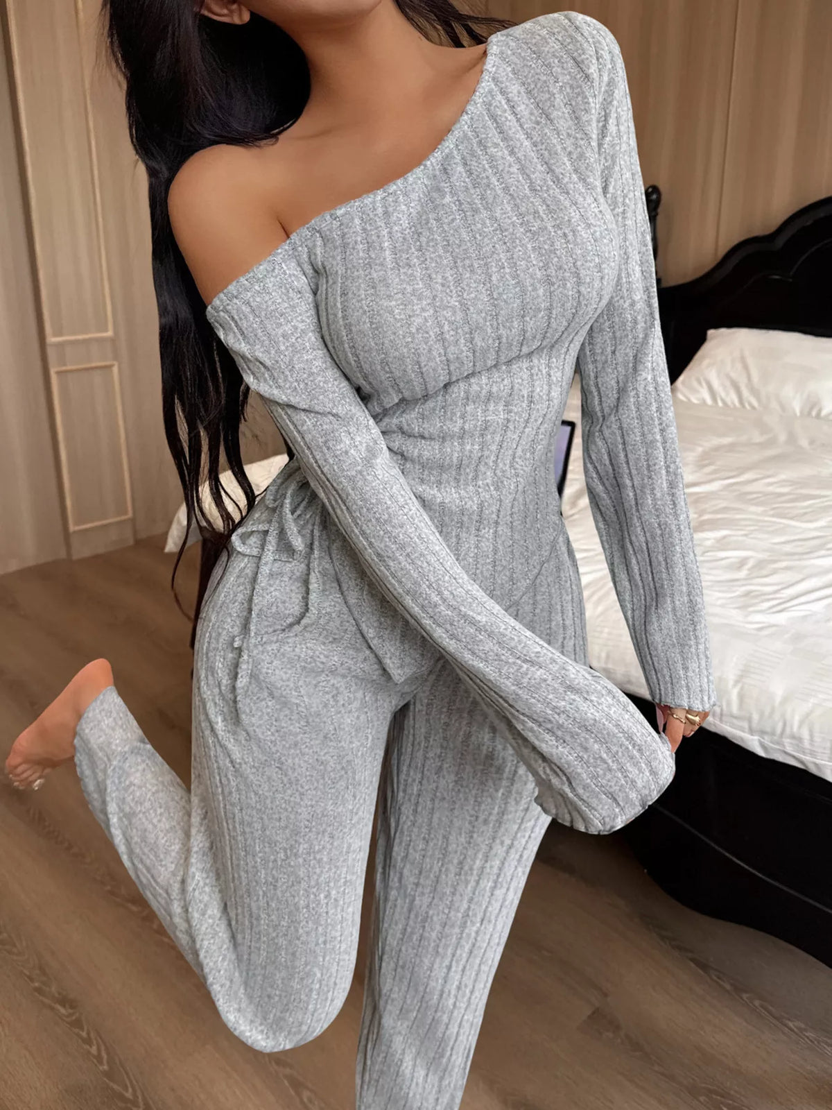 One-Shoulder Ribbed Knit Top and Pants Set