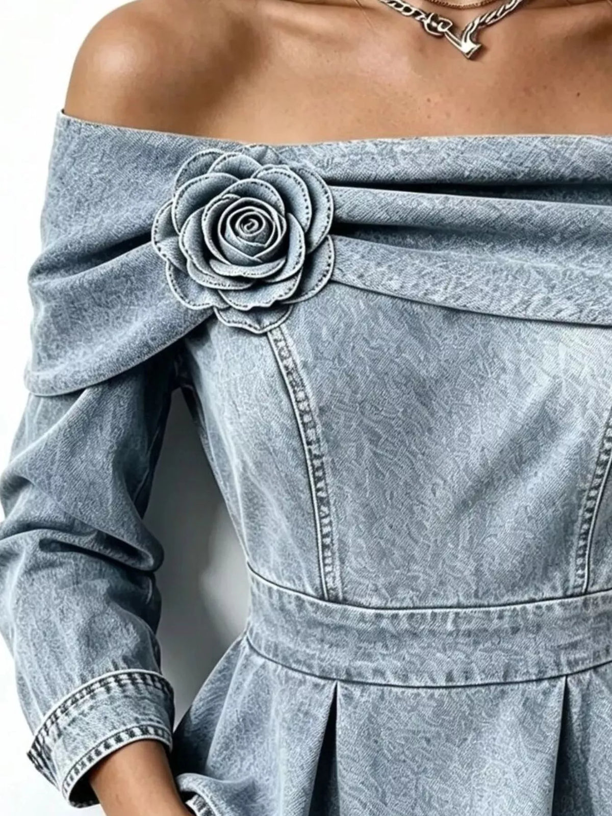 Plus Size Off-Shoulder Floral Denim Look Top