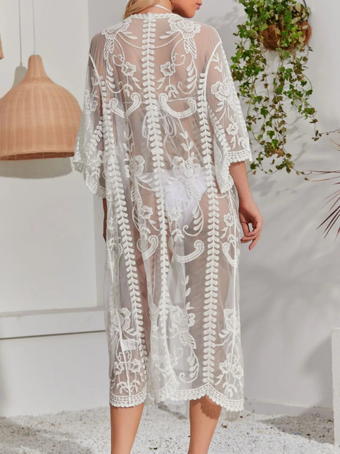 Lace Detail Open Front Longline Cover-Up