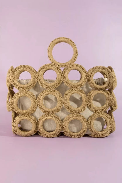 Ring pattern straw top handle bag in khaki or ivory