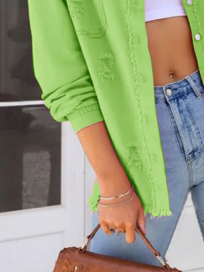 Distressed Denim Jacket with Frayed Edges