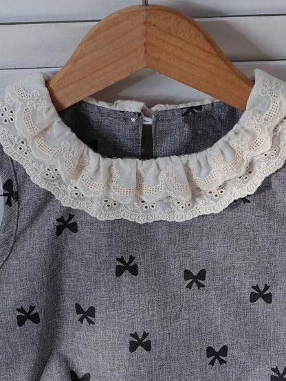 Children's Bow Print Lace Trimmed Top and Skirt Set