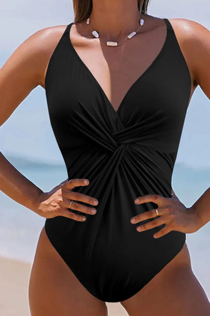 Black twist front V-neck one-piece swimsuit, S-2XL