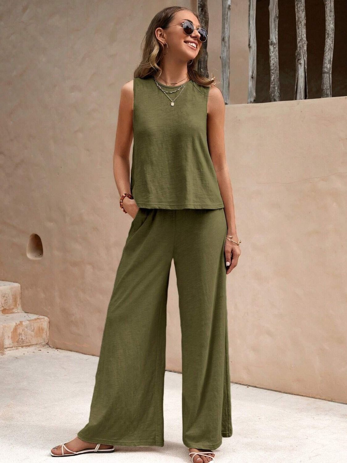 Sleeveless Top and Wide Leg Pants Set