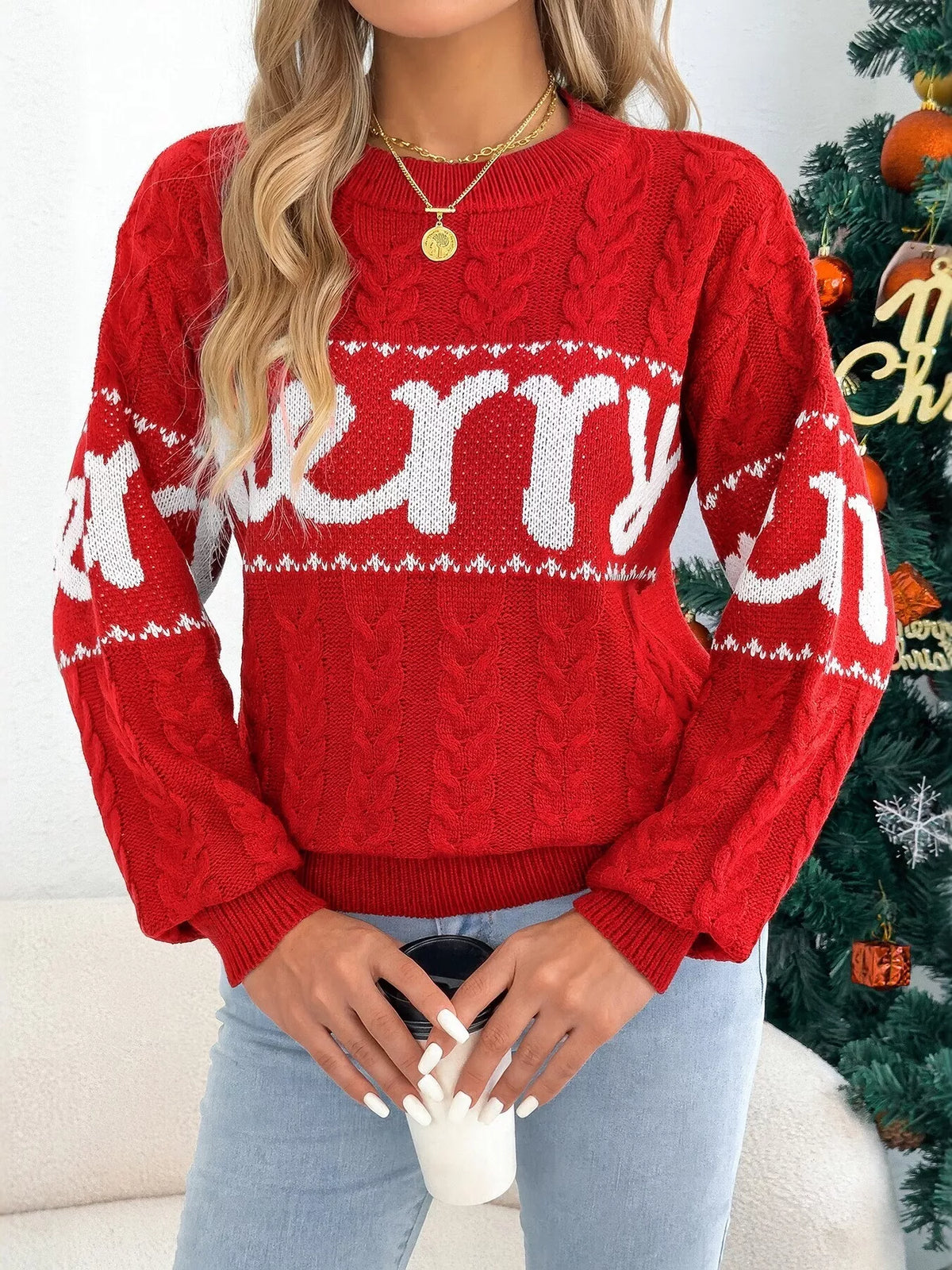 Plus size Merry cable knit sweater, view 3