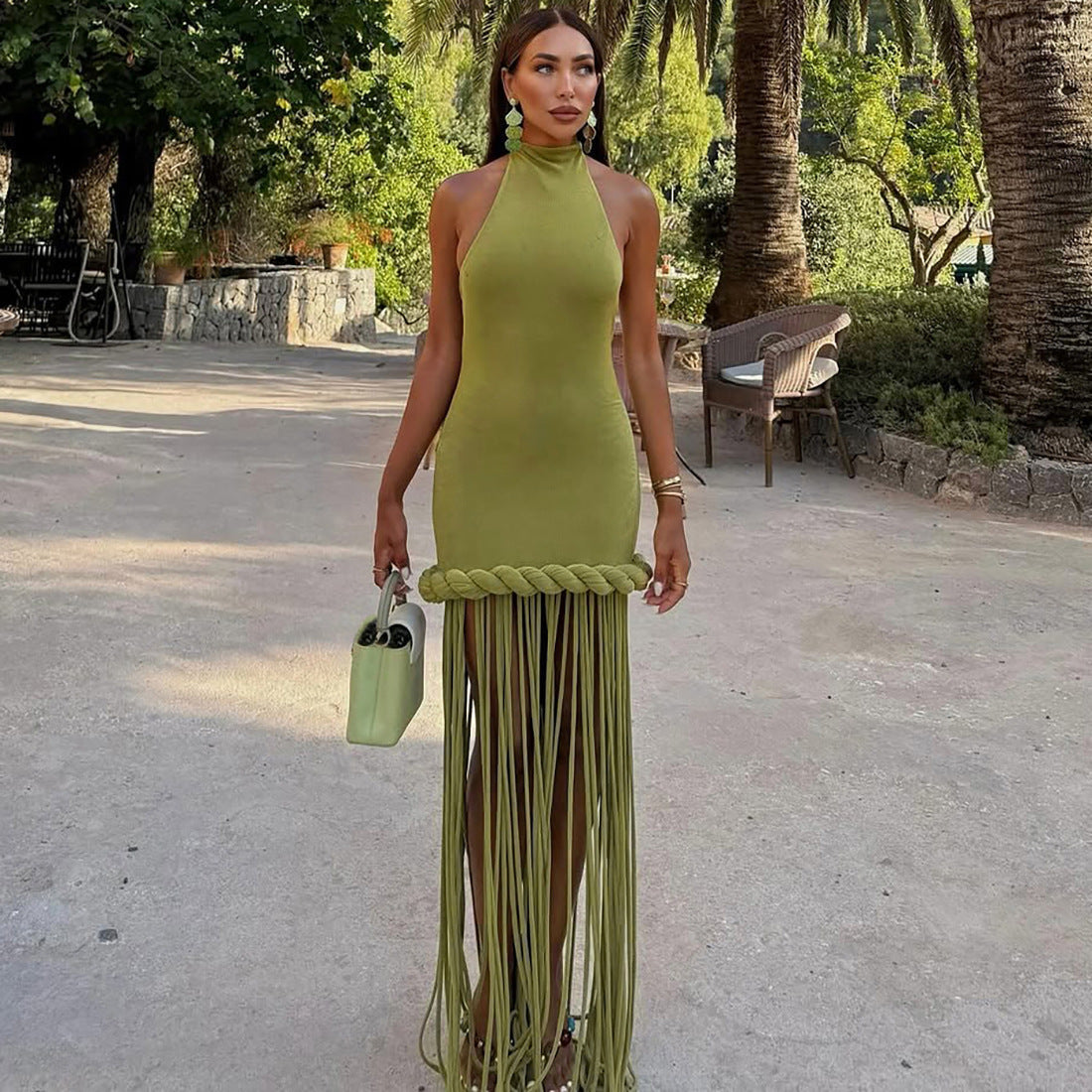 Tassel hanging neck backless solid color dress