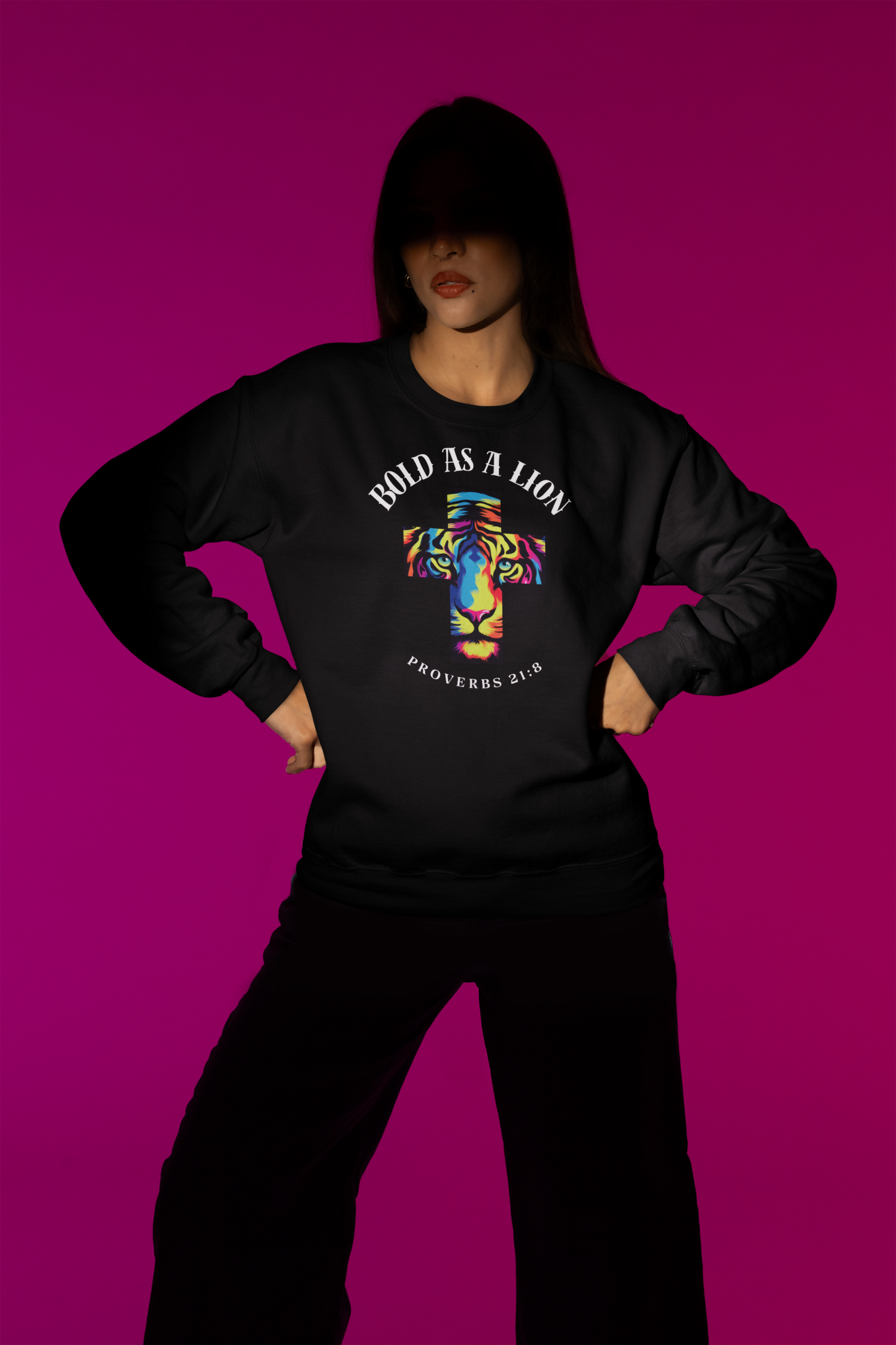 gildan-sweatshirt-mockup-featuring-a-woman-posing-under-a-spotlight-in-a-studio-m50005