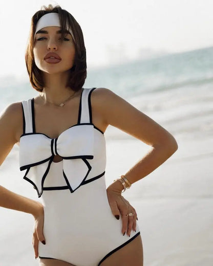 Vintage bow one-piece swimsuit with skirt option