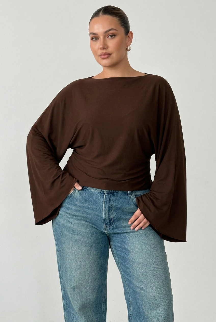 Boat neck batwing top in brown