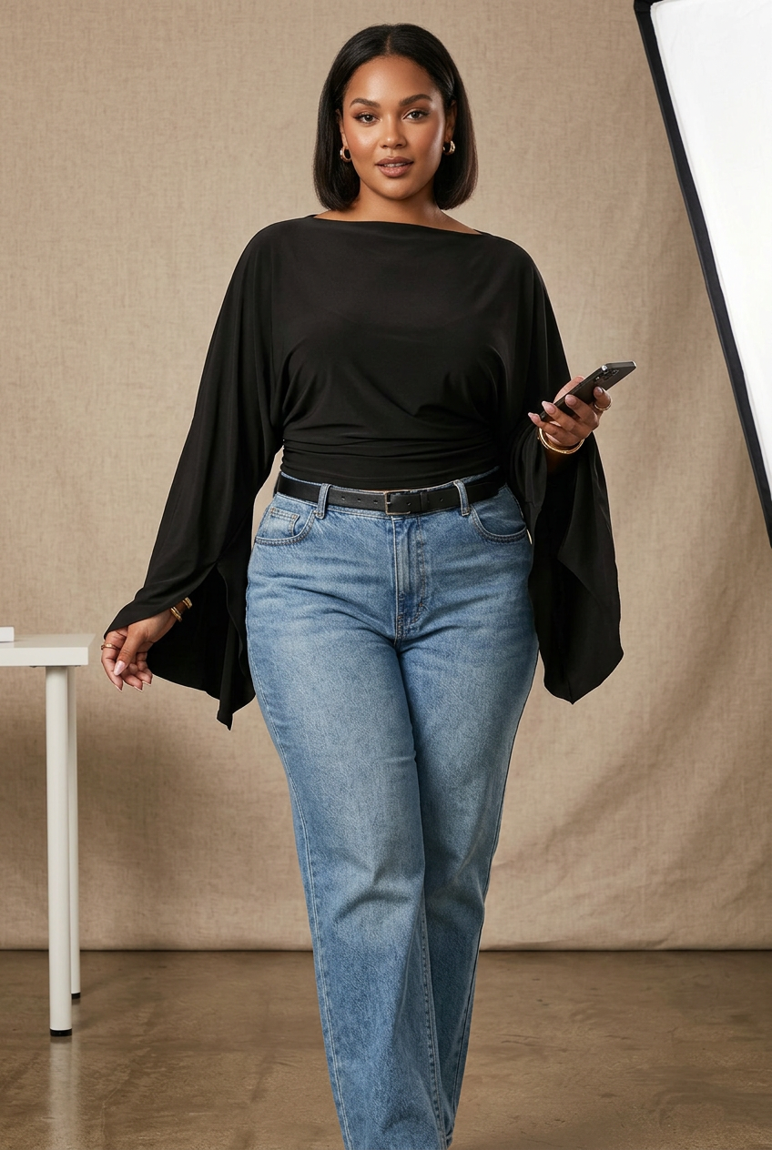 Boat neck batwing top in black