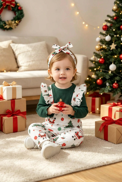 Baby Santa print jumpsuit set in green, size 9-12M