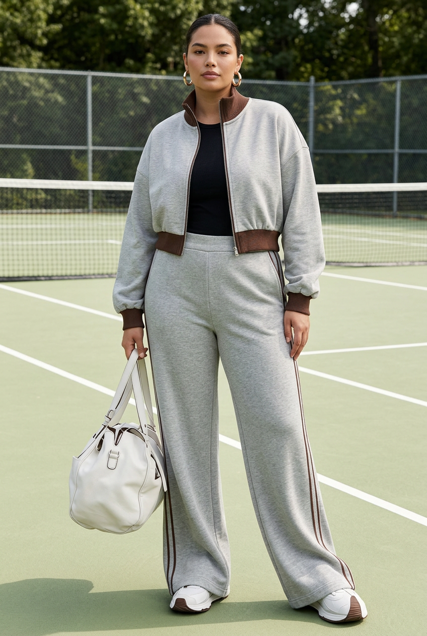 Contrast Ribbed Zip Jacket and Wide-Leg Pants Set, L to XXL