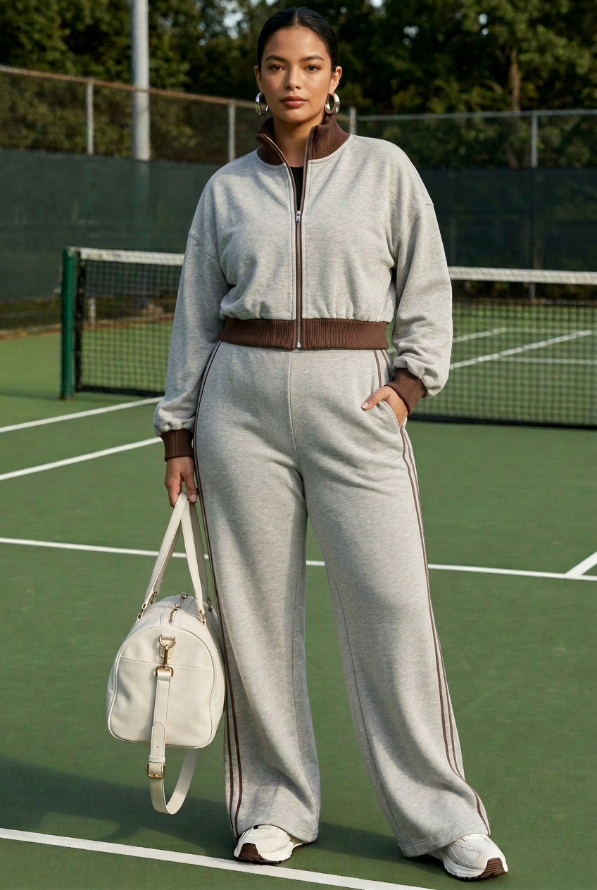 Contrast Ribbed Zip Jacket and Wide-Leg Pants Set, L to XXL