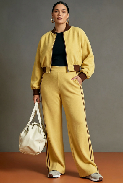 Contrast Ribbed Zip Jacket and Wide-Leg Pants Set, L to XXL