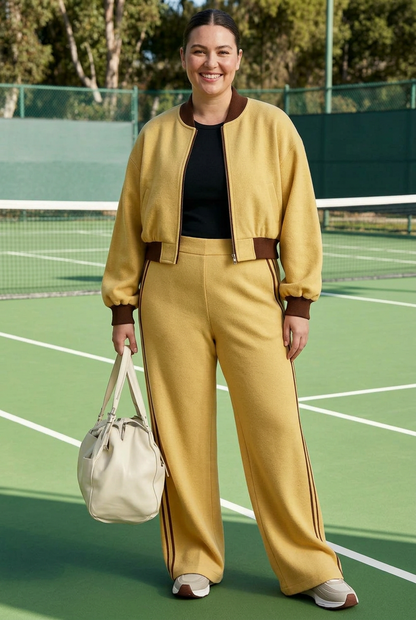 Contrast Ribbed Zip Jacket and Wide-Leg Pants Set, L to XXL