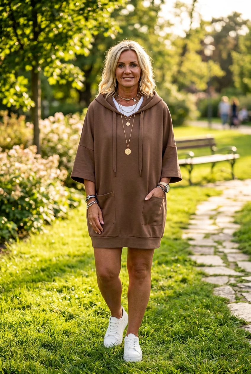 Drawstring hoodie dress in Brown, view 3
