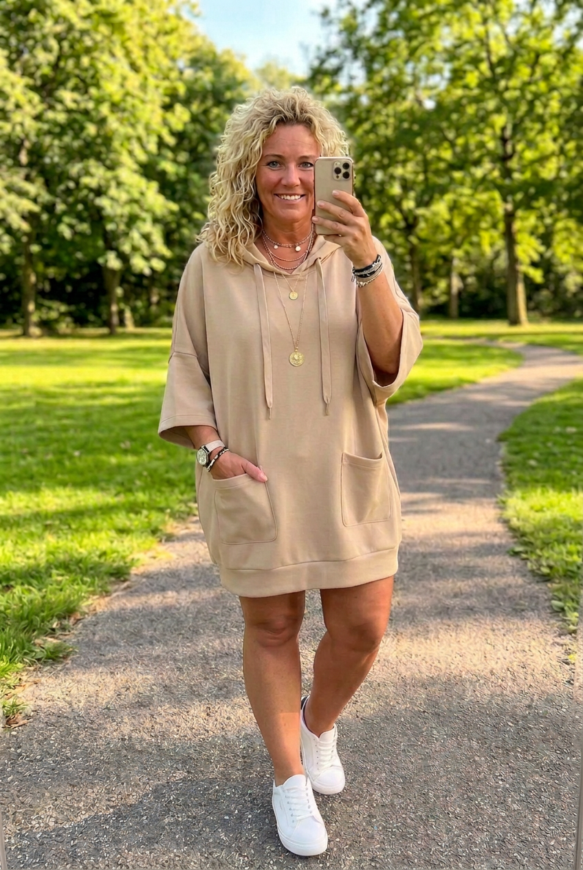 Drawstring hoodie dress in Khaki, view 5