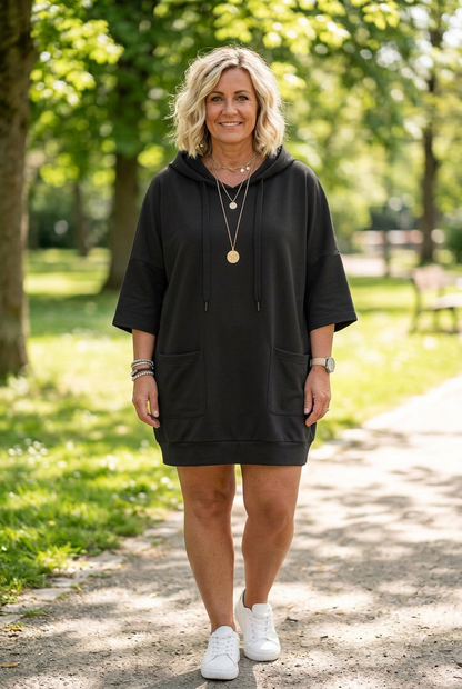 Stretchy Drawstring Hoodie Dress with Pockets, S to XXL