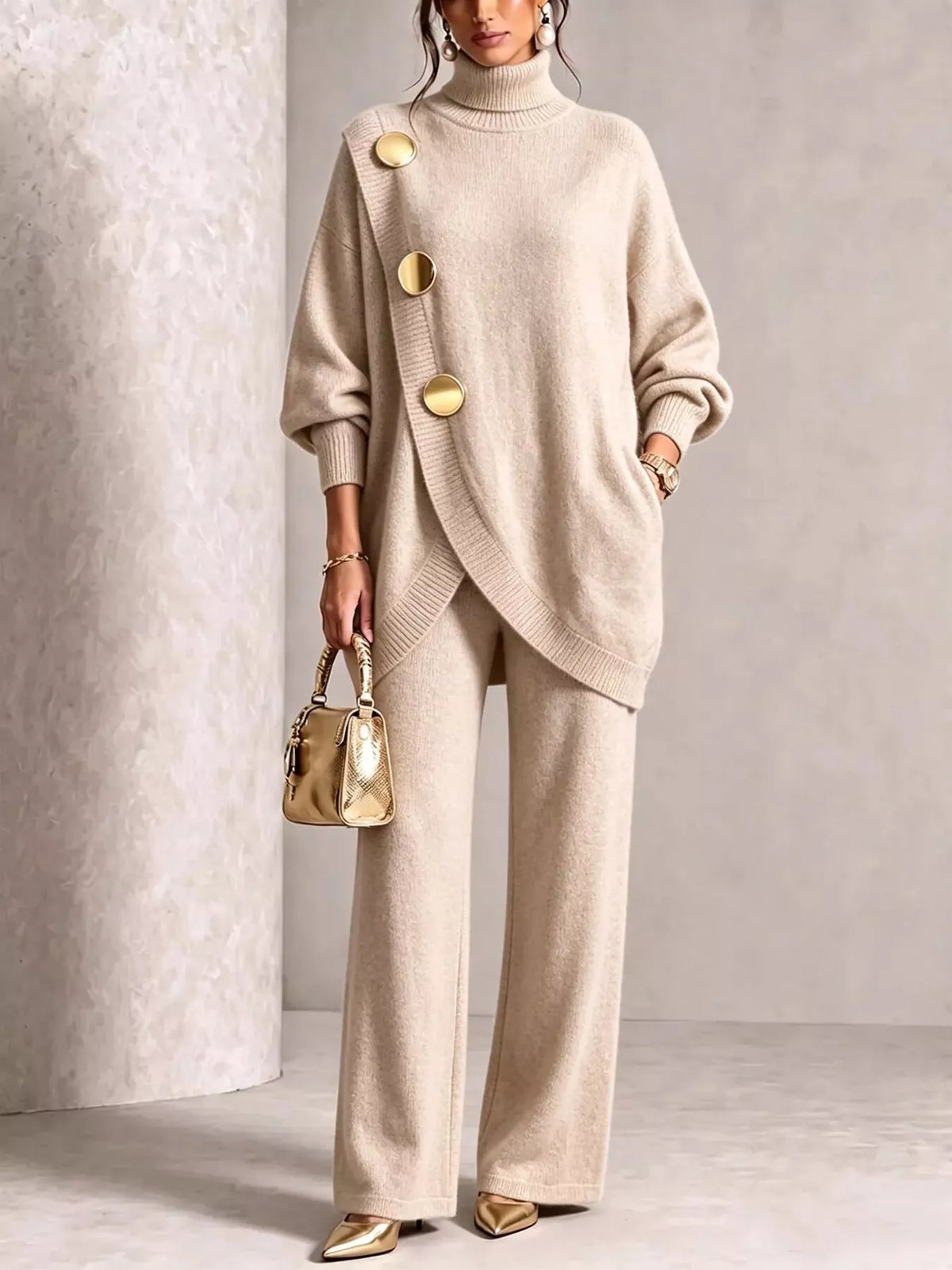 Gold button turtleneck sweater set, view 7