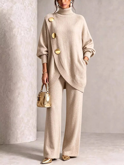 Gold button turtleneck sweater set, view 7