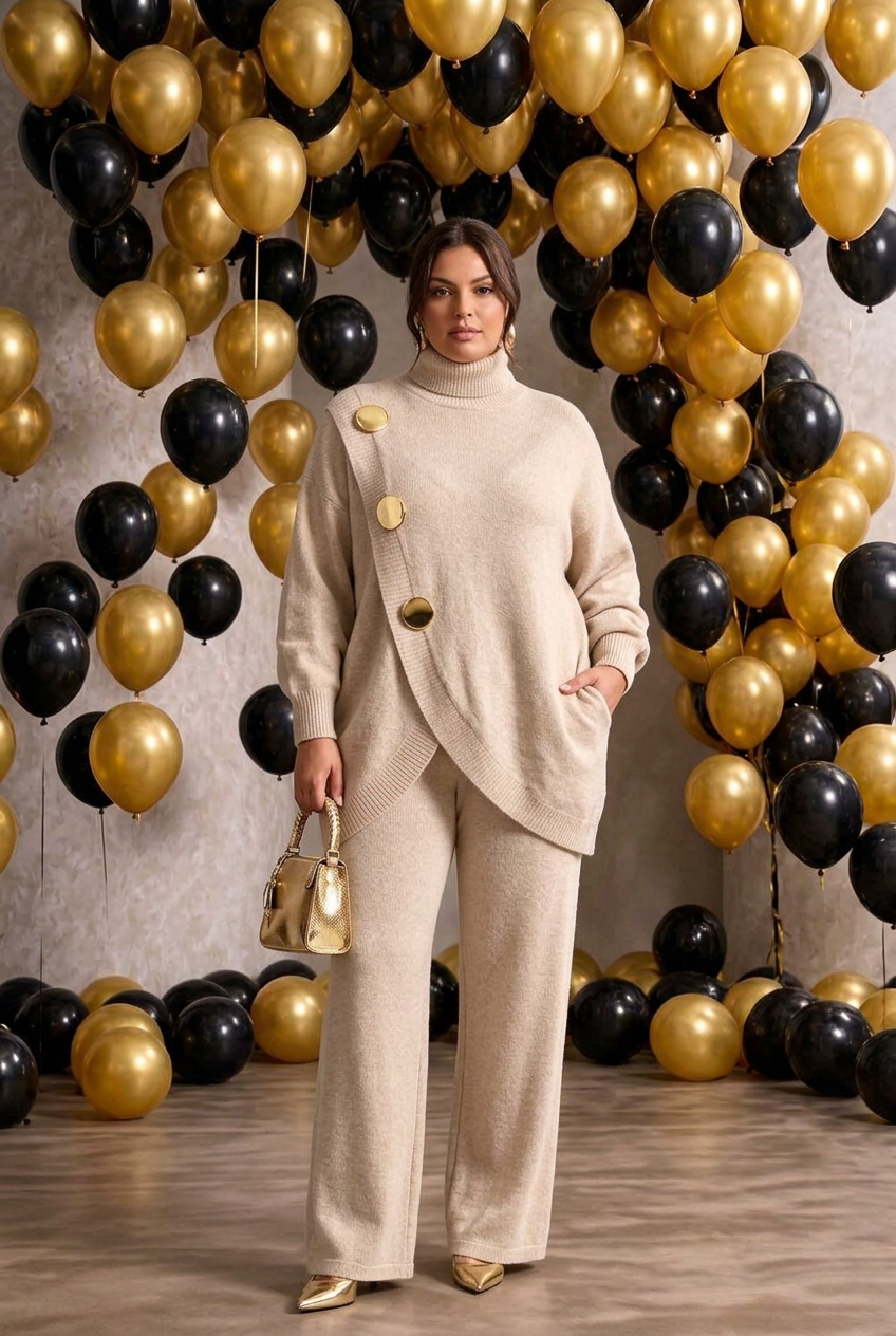 Gold Button Turtleneck Sweater Set with Pockets in 6 Colors
