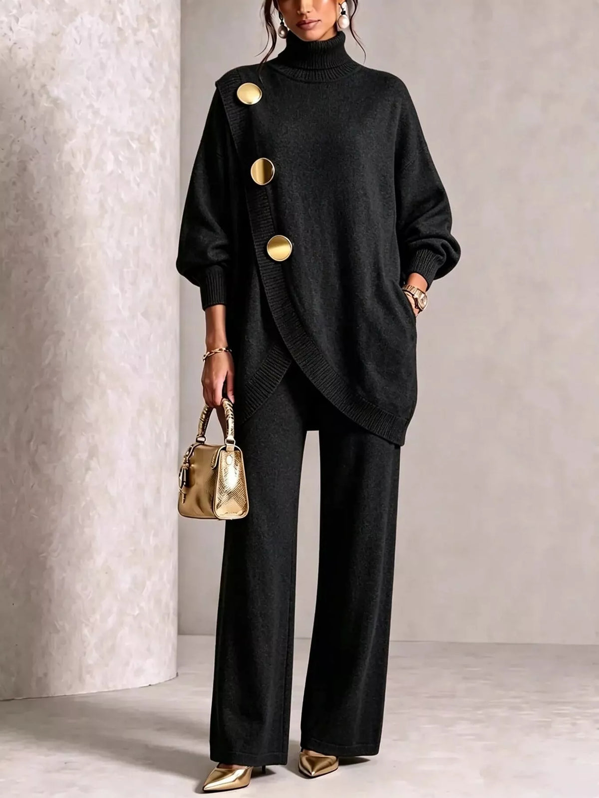 Gold button turtleneck sweater set, view 11