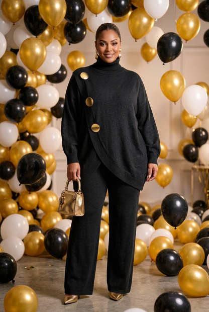 Gold Button Turtleneck Sweater Set with Pockets in 6 Colors