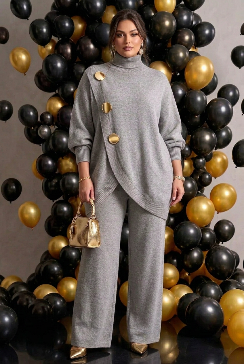 Gold Button Turtleneck Sweater Set with Pockets in 6 Colors