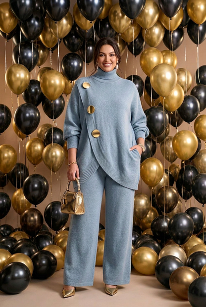 Gold Button Turtleneck Sweater Set with Pockets in 6 Colors